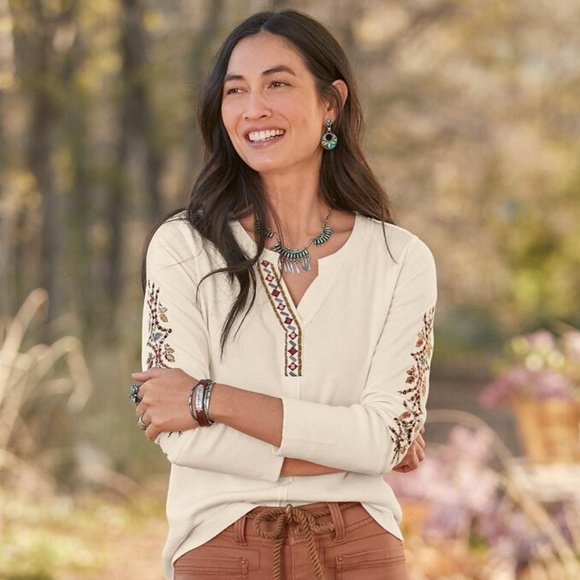 Sundance Tops - Sundance Lilac Vines Henley Floral Embroidered Sleeve Long Sleeve Top